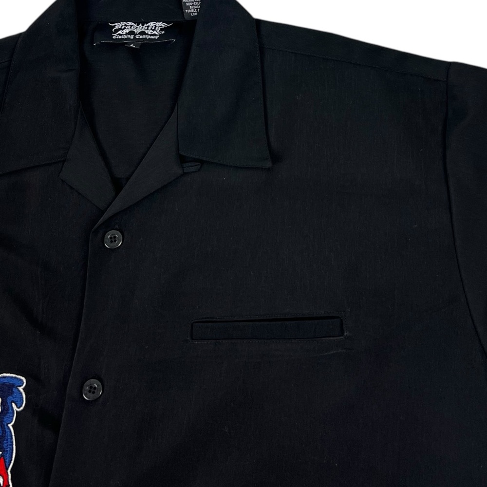 Dragonfly Mens Large Shirt Button Front Black Embroidered Skull Flag Vintage - Picture 13 of 14